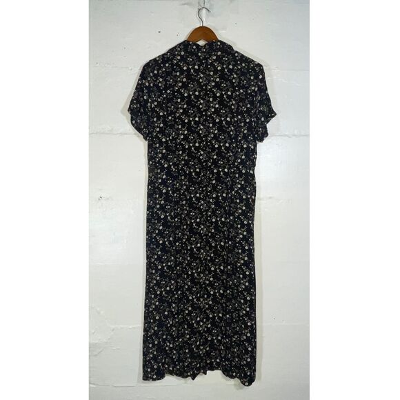 Vintage Erika Black Floral Short Sleeve Button Front Maxi Dress Grunge Everyday - Picture 3 of 9